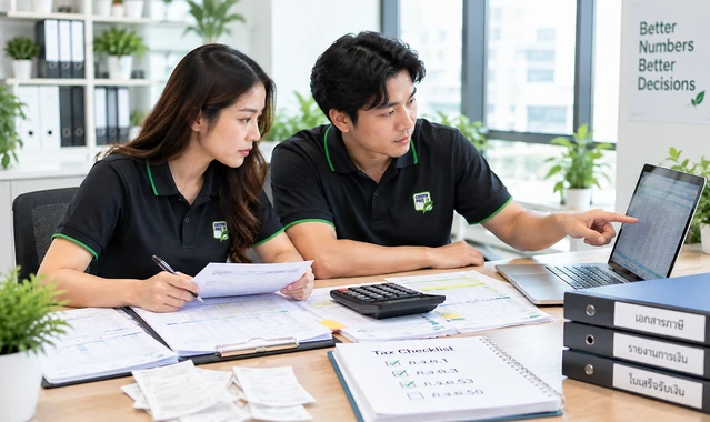 ทีมงานบัญชี Greenpro KSP กำลังจัดเตรียมและทบทวนข้อมูลภาษีจากเอกสารและสเปรดชีตก่อนยื่นแบบ