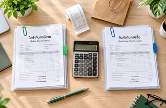 ใบกำกับภาษีขายและใบกำกับภาษีซื้อวางเทียบกันพร้อมเครื่องคิดเลข ประกอบบทความ ภ.พ.30 แบบแสดงรายการภาษีมูลค่าเพิ่ม